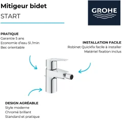 Robinet De Bidet|Grohe Mitigeur mécanique Bidet Start 2021 + microfibre