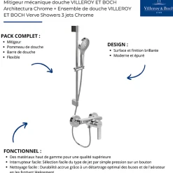 Colonne De Douche Mécanique|Villeroy & Boch Mitigeur mécanique douche VILLEROY ET BOCH Architectura Chrome + Ensemble de douche VILLEROY ET BOCH Verve Showers 3 jets Chrome