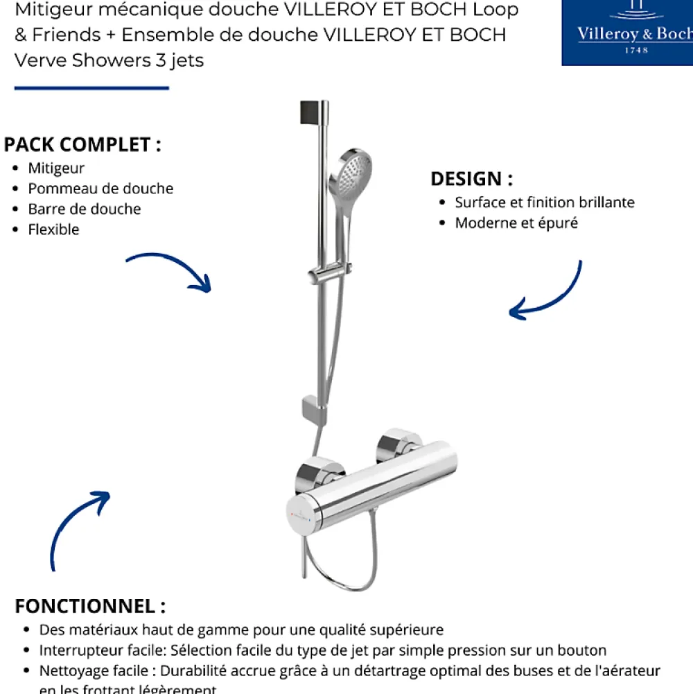Villeroy & Boch Mitigeur mécanique douche VILLEROY ET BOCH Loop & Friends Chrome + Ensemble de douche VILLEROY ET BOCH Verve Showers 3 jets Chrome
