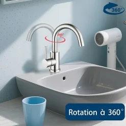 AICA Sanitaire Mitigeur pivotant 360, argent, acier inoxydable, eau chaude/froide, facile à installer, lavabo, petite cuisine, bain/cuisine