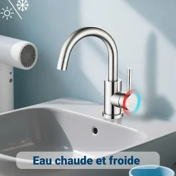 AICA Sanitaire Mitigeur pivotant 360, argent, acier inoxydable, eau chaude/froide, facile à installer, lavabo, petite cuisine, bain/cuisine