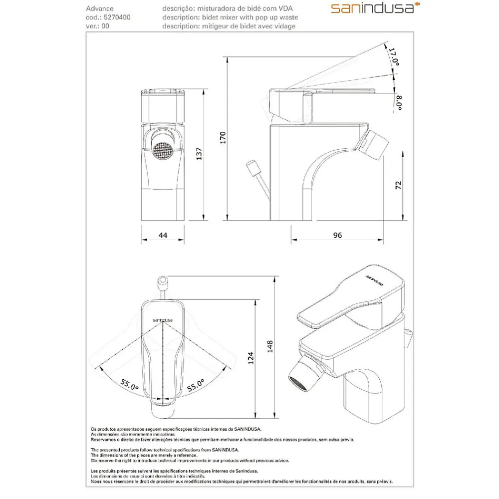 Sanindusa Mitigeur pour bidet mousseur orientable Advance chromé système Écospot livré avec son vidage à tirette chromé