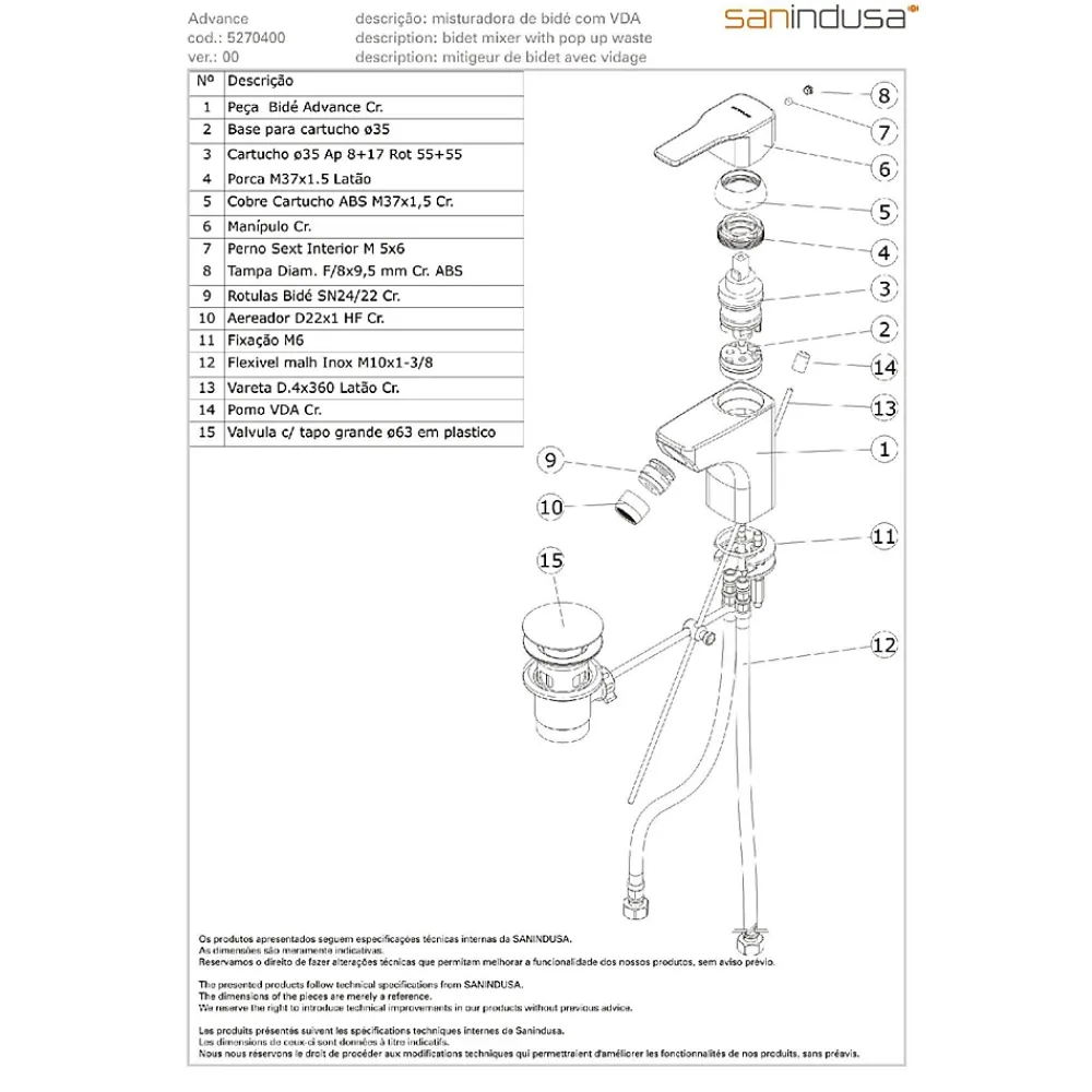 Sanindusa Mitigeur pour bidet mousseur orientable Advance chromé système Écospot livré avec son vidage à tirette chromé