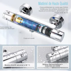 Robinet De Douche|Todot Mitigeur Thermostatique Douche en Laiton Massif Chromé Mural avec Bouton de Sécurité