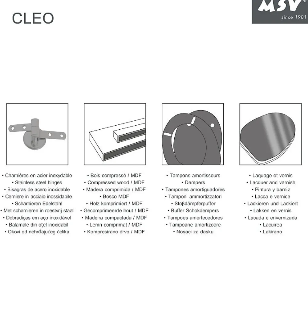 MSV Abattant WC MDF CLEO Noir Brillant Charnières Inox
