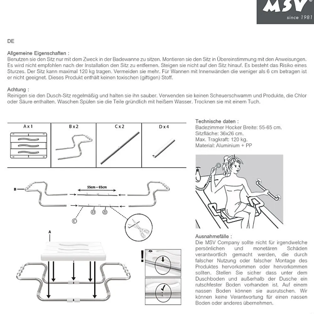 Siège De Douche|MSV Grand siège de baignoire extensible 5070cm Gris Max 120kg