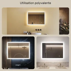 Miroir Lumineux|Artforma Mural Miroir LED 80x60 Miroir Salle de Bain avec tactile et 3 temperatures de Couleur