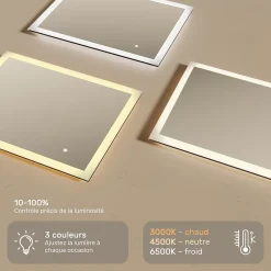Miroir Lumineux|Artforma Mural Miroir LED 80x60 Miroir Salle de Bain avec tactile et 3 temperatures de Couleur
