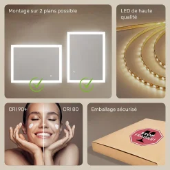 Miroir Lumineux|Artforma Mural Miroir LED 80x60 Miroir Salle de Bain avec tactile et 3 temperatures de Couleur