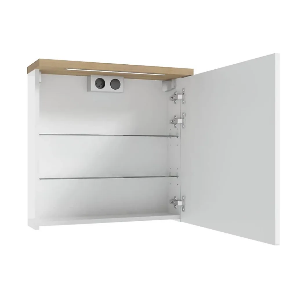Naturel Armoire murale avec porte, miroir intégré Stilla + LED 60x60x20 cm, prise 220V, blanc (STILLAE06017)