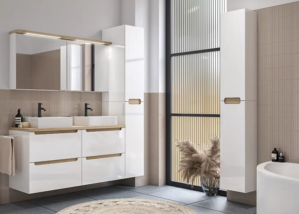 Naturel Armoire murale avec porte, miroir intégré Stilla + LED 60x60x20 cm, prise 220V, blanc (STILLAE06017)