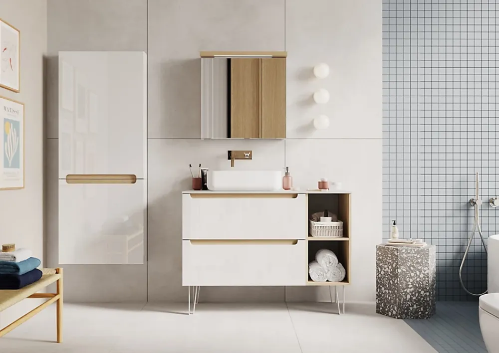 Naturel Armoire murale avec porte, miroir intégré Stilla + LED 60x60x20 cm, prise 220V, blanc (STILLAE06017)
