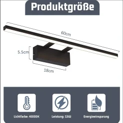 Miroir Grossissant Lumineux|Nettlife Lampe à miroir LED noire 60CM Moderne 4000K Salle de bain Lampe à miroir murale