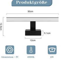 Nettlife Lampe Miroir LED IP44 6W 30cm Blanc Neutre 4000K Salle de Bain Noire