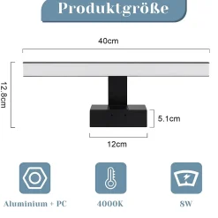 Nettlife Lampe Miroir LED IP44 8W 40cm Blanc Neutre 4000K Salle de Bain Noire