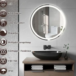 Miroir Lumineux|Nettlife Miroir lumineux salle de bain - Rond 50 cm LED, mural, interrupteur tactile, antibuée, IP44, réglable 3000K-6500K