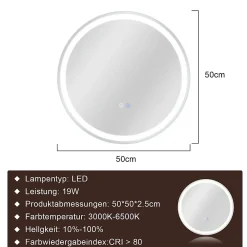 Miroir Lumineux|Nettlife Miroir lumineux salle de bain - Rond 50 cm LED, mural, interrupteur tactile, antibuée, IP44, réglable 3000K-6500K