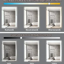 Miroir Lumineux|Nettlife Miroir lumineux salle de bain - 50x70 cm LED, mural, IP44, interrupteur tactile, horloge, antibuée, réglable