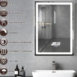 Miroir Lumineux|Nettlife Miroir lumineux salle de bain - 50x70 cm LED, mural, IP44, interrupteur tactile, horloge, antibuée, réglable