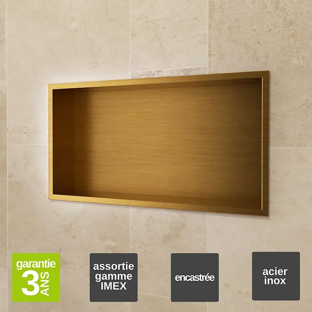 Ledimex Niche de Douche Mural 63 x 33 cm - Rangement Salle de Bain en finition Or Brossé - PACIFIC