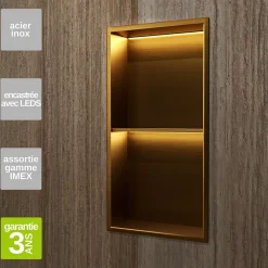 Niche De Salle De Bains|Ledimex Niche de Douche Mural Éclairage Led 33 x 63 cm - Rangement Salle de Bain en finition Or Brossé - MARSHALL