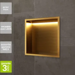 Niche De Salle De Bains|Ledimex Niche de Douche Mural Éclairage Led 33 x 33 cm - Rangement Salle de Bain en finition Or Brossé - INDIC
