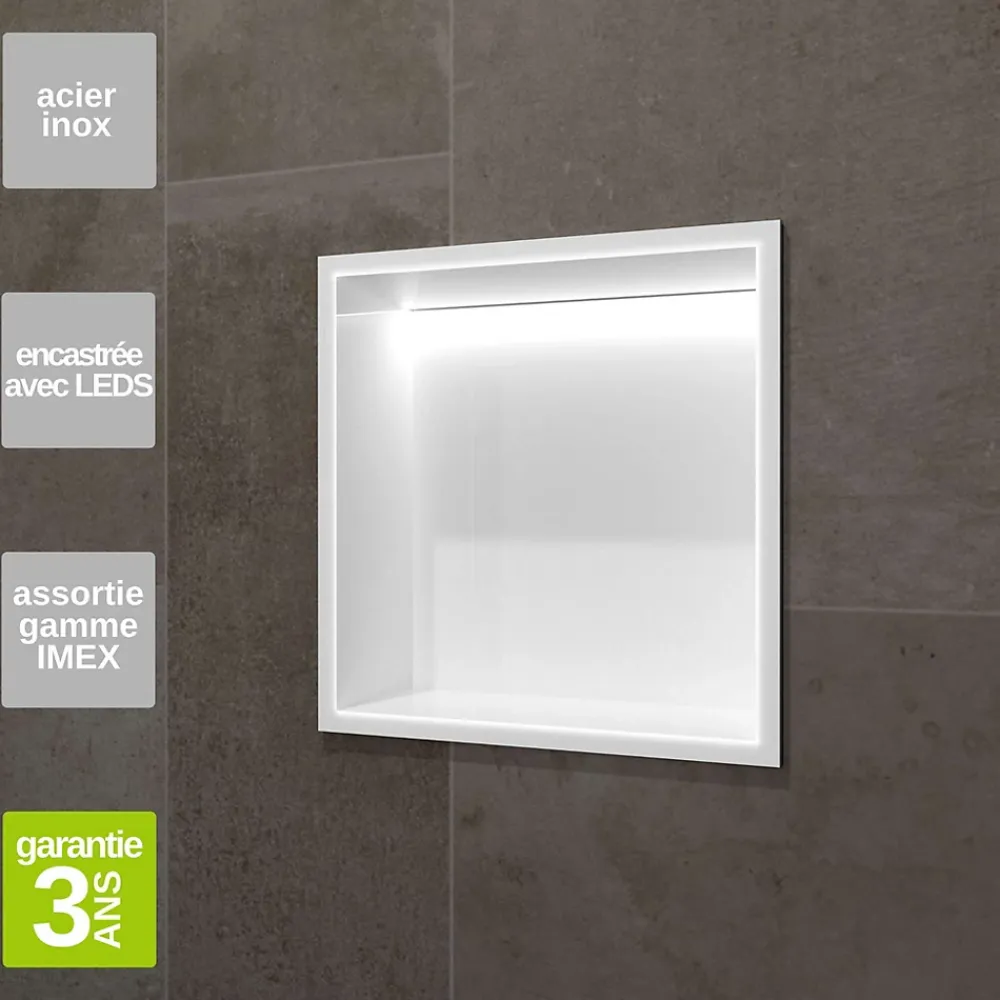 Ledimex Niche de Douche Mural Éclairage Led 33 x 33 cm - Rangement Salle de Bain en finition Blanc Satiné - INDIC