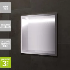 Niche De Salle De Bains|Ledimex Niche de Douche Mural Éclairage Led 33 x 33 cm - Rangement Salle de Bain en finition Niquel Brossé - INDIC