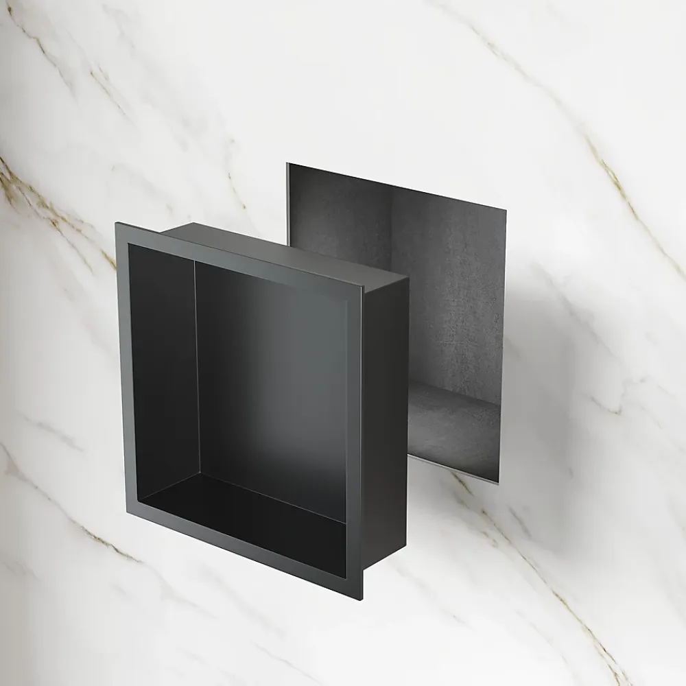 Sirhona Niche inox 300x300x95mm - Encastrée + Bac à douche + Verticale/Horizontale + Noir mat