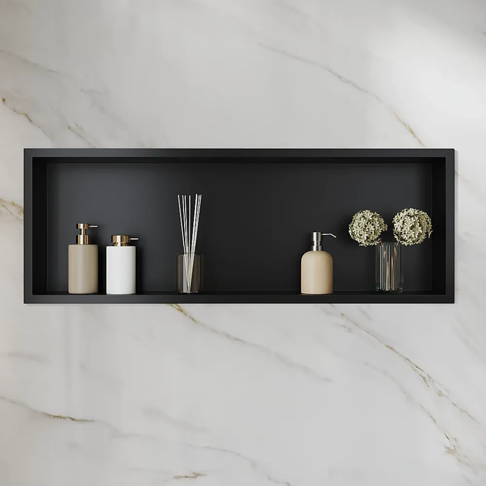 Sirhona Niche inox 900x300x100mm - Encastrée + Bac à douche + Verticale/Horizontale + Noir mat