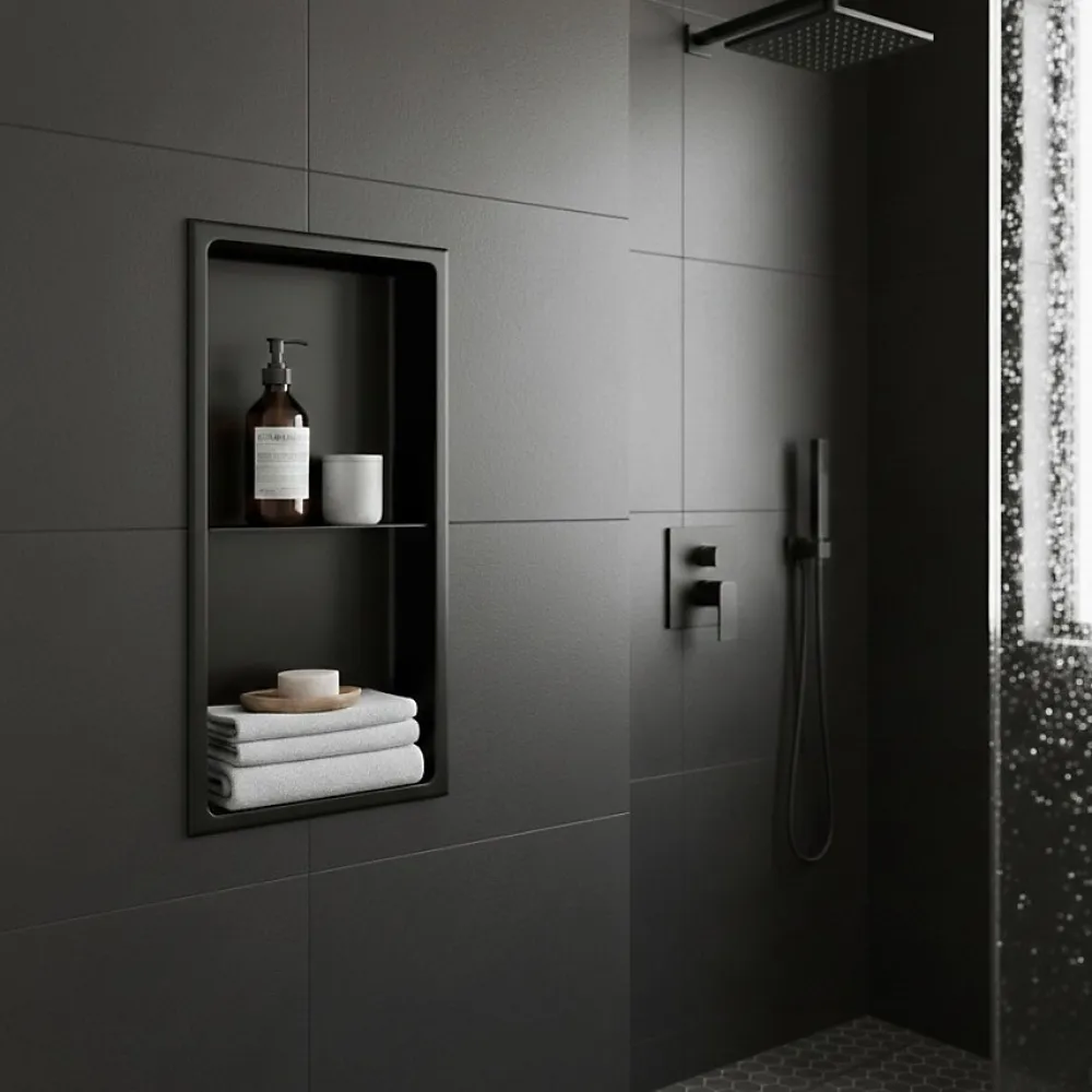 Sanitaire Niche murale de douche, étagère encastrable douche acier Noir Mat - 60x30cm