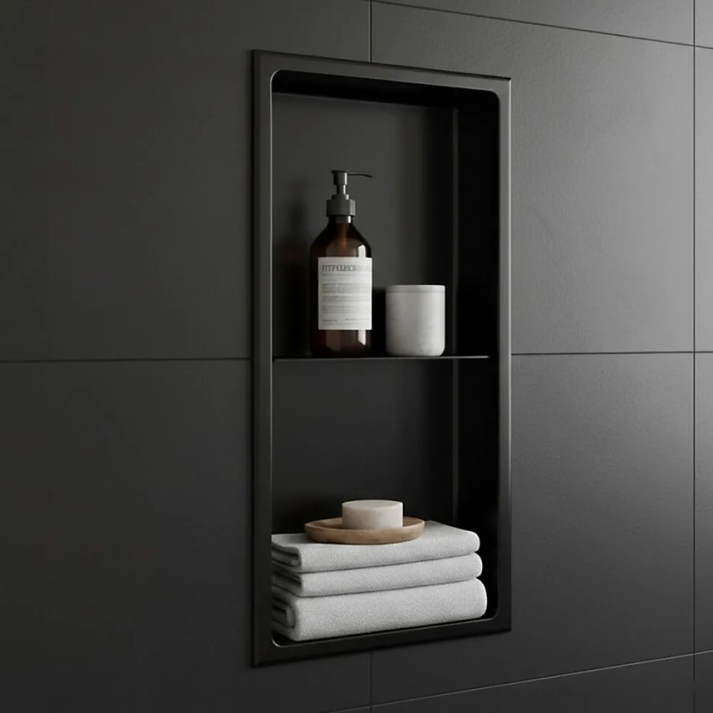 Sanitaire Niche murale de douche, étagère encastrable douche acier Noir Mat - 60x30cm