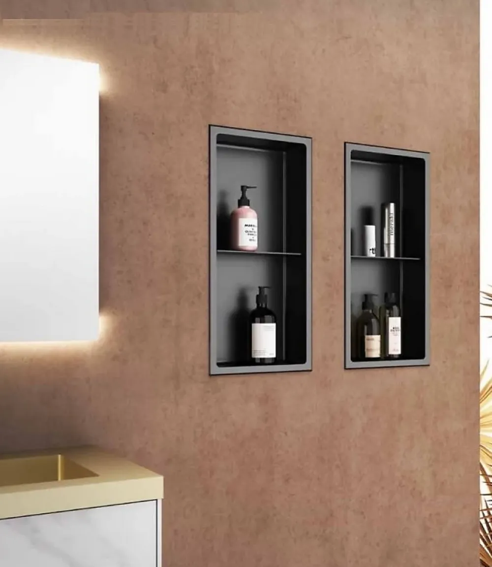 Sanitaire Niche murale de douche, étagère encastrable douche acier Noir Mat - 60x30cm
