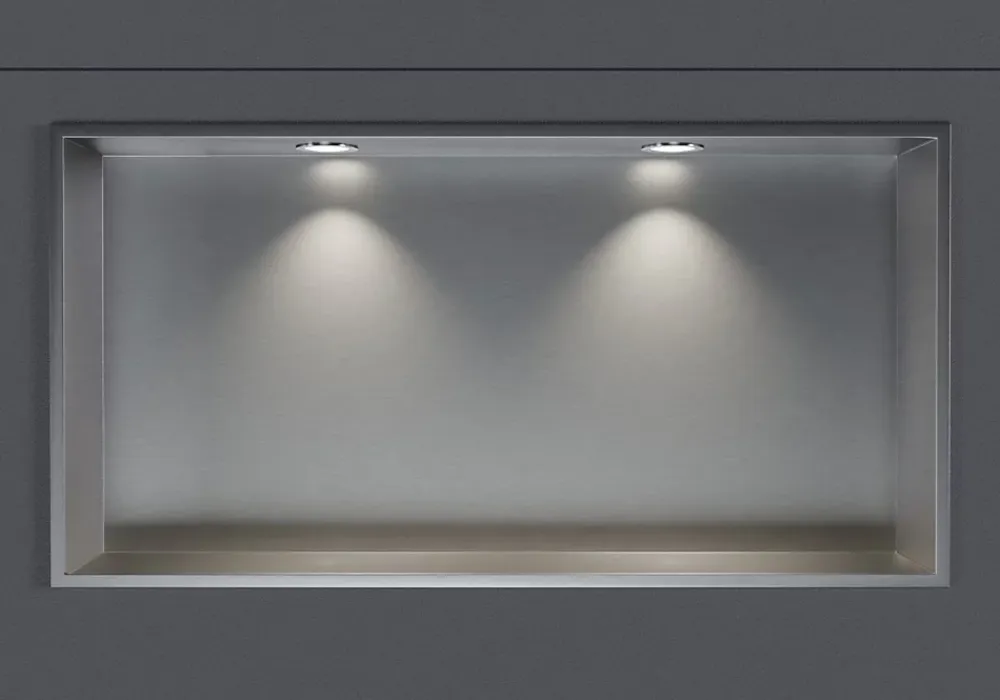 Niche De Salle De Bains|Bernstein Niche murale douche acier inox + 2 Spots LED, étagère douche encastrable - 20x60x10cm (HxLxP) - Acier brossé, 2x Spot Chrome