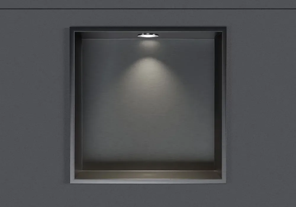 Niche De Salle De Bains|Bernstein Niche murale douche acier inox + Spot LED, étagère douche encastrable - 30x30x10cm (HxLxP) - Gun métal, 1x Spot Chrome