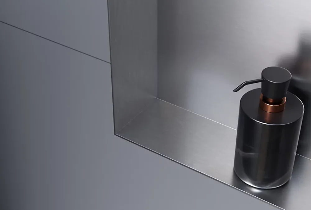 Niche De Salle De Bains|Bernstein Niche murale douche acier inox + Spot LED, étagère douche encastrable NT303010X - 30x30x10cm (HxLxP) - Acier brossé, 1x Spot noir