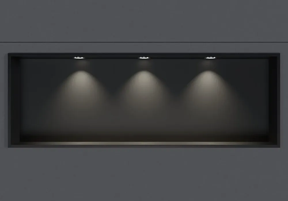 Bernstein Niche murale douche acier inox + 3 Spots LED, étagère douche encastrable - 30x90x10cm (HxLxP) - Noir, 3x Spot Cadre Chrome