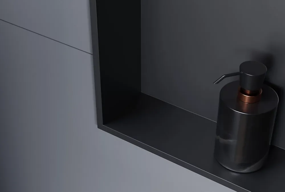 Bernstein Niche murale douche acier inox + 3 Spots LED, étagère douche encastrable - 30x90x10cm (HxLxP) - Noir, 3x Spot Cadre Chrome