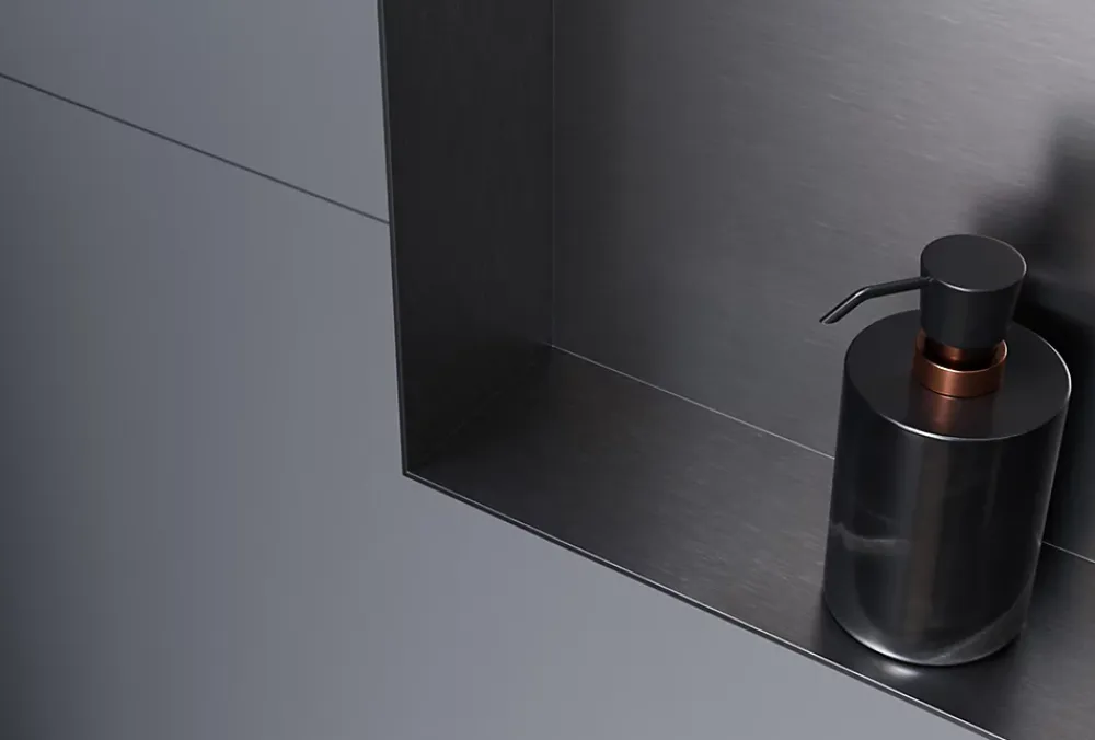 Bernstein Niche murale douche acier inox + Spot LED, étagère douche encastrable NT303010X, 30x30x10cm (HxLxP), Gun métal, 1x Spot Blanc mat