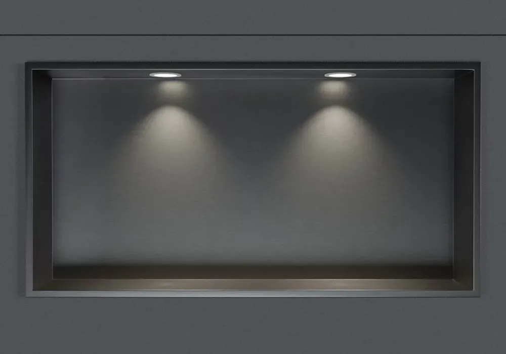Niche De Salle De Bains|Bernstein Niche murale douche acier inox + 2 Spots LED, étagère douche encastrable - 30x60x10cm (HxLxP) - Gun métal, 2x Spot Blanc mat