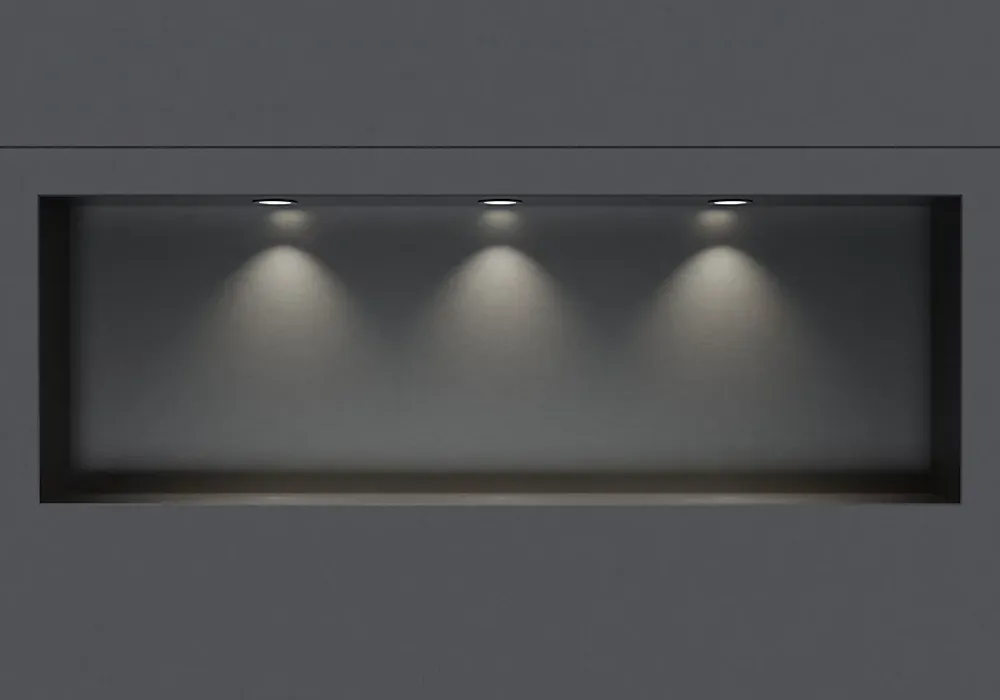Niche De Salle De Bains|Bernstein Niche murale douche acier inox + 3 Spots LED, étagère douche encastrable NT309010X, 30x90x10cm (HxLxP), Gun métal, 3 Spot noir mat