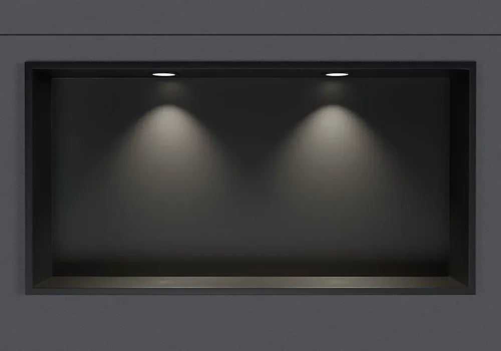 Niche De Salle De Bains|Bernstein Niche murale douche acier inox + 2 Spots LED, étagère douche encastrable - 20x60x10cm (HxLxP) - Noir, 2x Spot noir mat