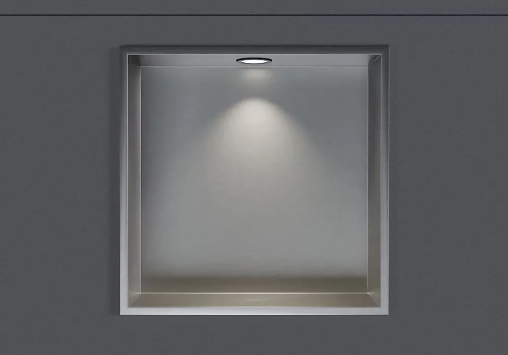Niche De Salle De Bains|Bernstein Niche murale douche acier inox + Spot LED, étagère douche encastrable - 20x30x10cm (HxLxP) - Acier brossé, 1x Spot noir mat