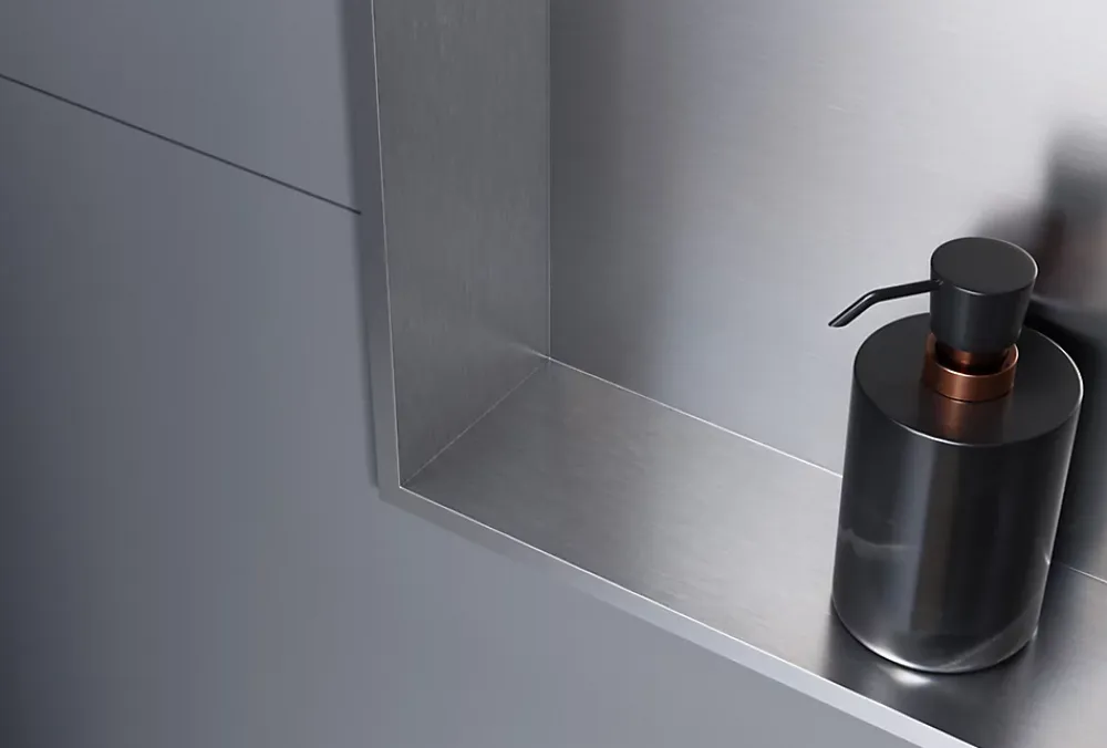 Niche De Salle De Bains|Bernstein Niche murale douche acier inox + Spot LED, étagère douche encastrable - 20x30x10cm (HxLxP) - Acier brossé, 1x Spot noir mat