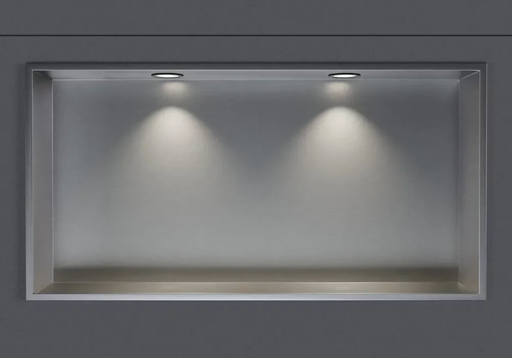 Bernstein Niche murale douche acier inox + 2 Spots LED, étagère douche encastrable - 30x60x10cm (HxLxP) - Acier brossé, 2x Spot noir mat