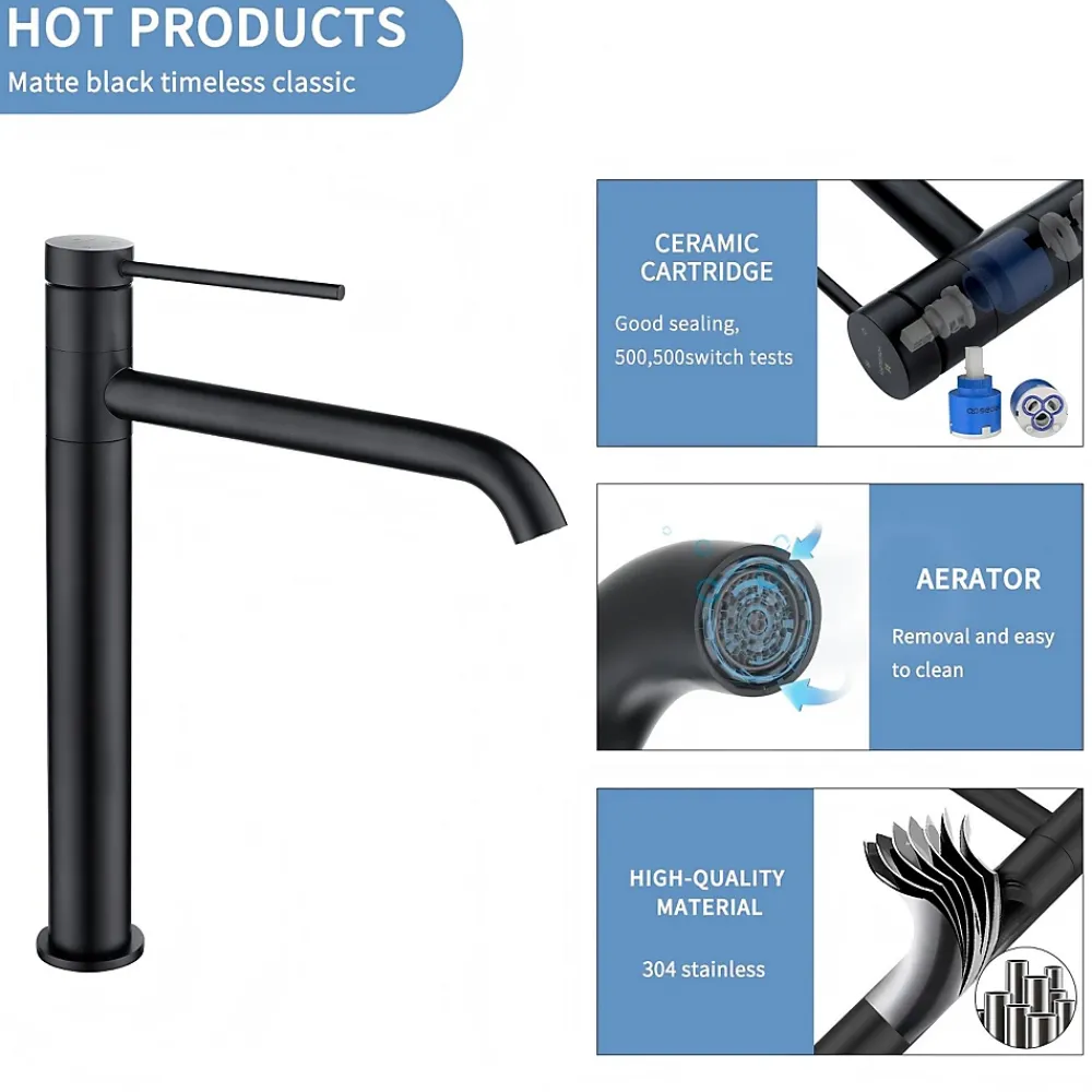 Robinet Lavabo Et Vasque|Homelody Noir Mitigeur de Lavabo Robinet Salle de Bain Haut Robinet pour Vasque Bec Pivotant en Inox SS304 pour Salle de Bain