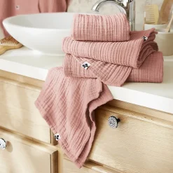 Altobuy OUREA - Serviette de Toilette 50x90cm Gaze de Coton Rose pêche
