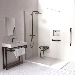 Siège De Douche|Pellet Pack avec siège de douche PMR escamotable noir mat + 2 barres d'appui 42,5 cm