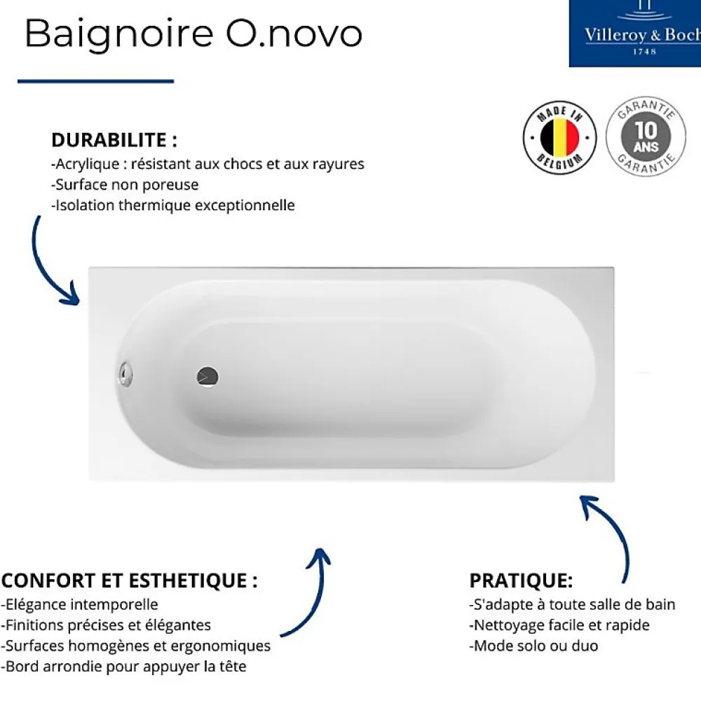 Villeroy & Boch Pack baignoire 160 x 70 VILLEROY ET BOCH O Novo avec pieds et robinet