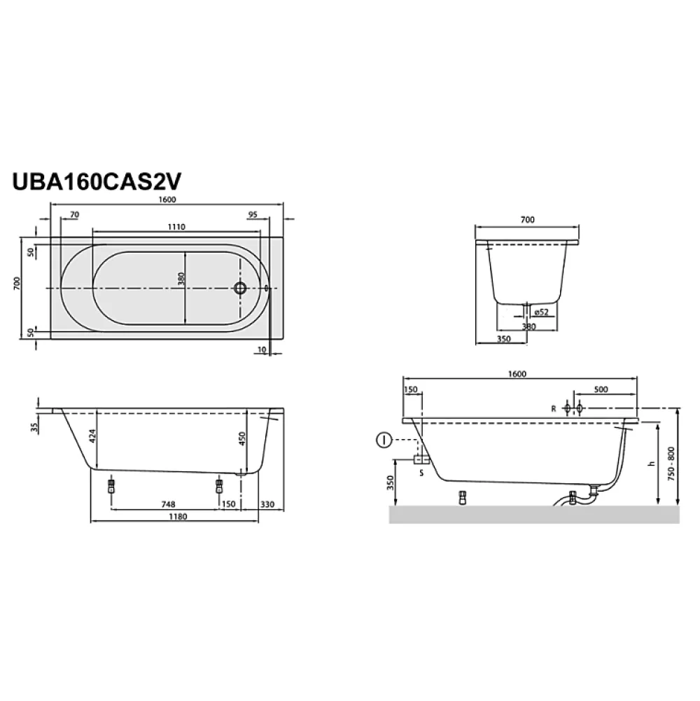Villeroy & Boch Pack baignoire 160 x 70 VILLEROY ET BOCH O Novo avec pieds et robinet